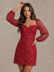 Long Sleeve Floral Lace Mini Dress in Berry