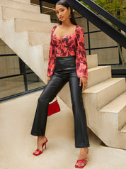 Long Sleeve Corset Style Floral Top in Red