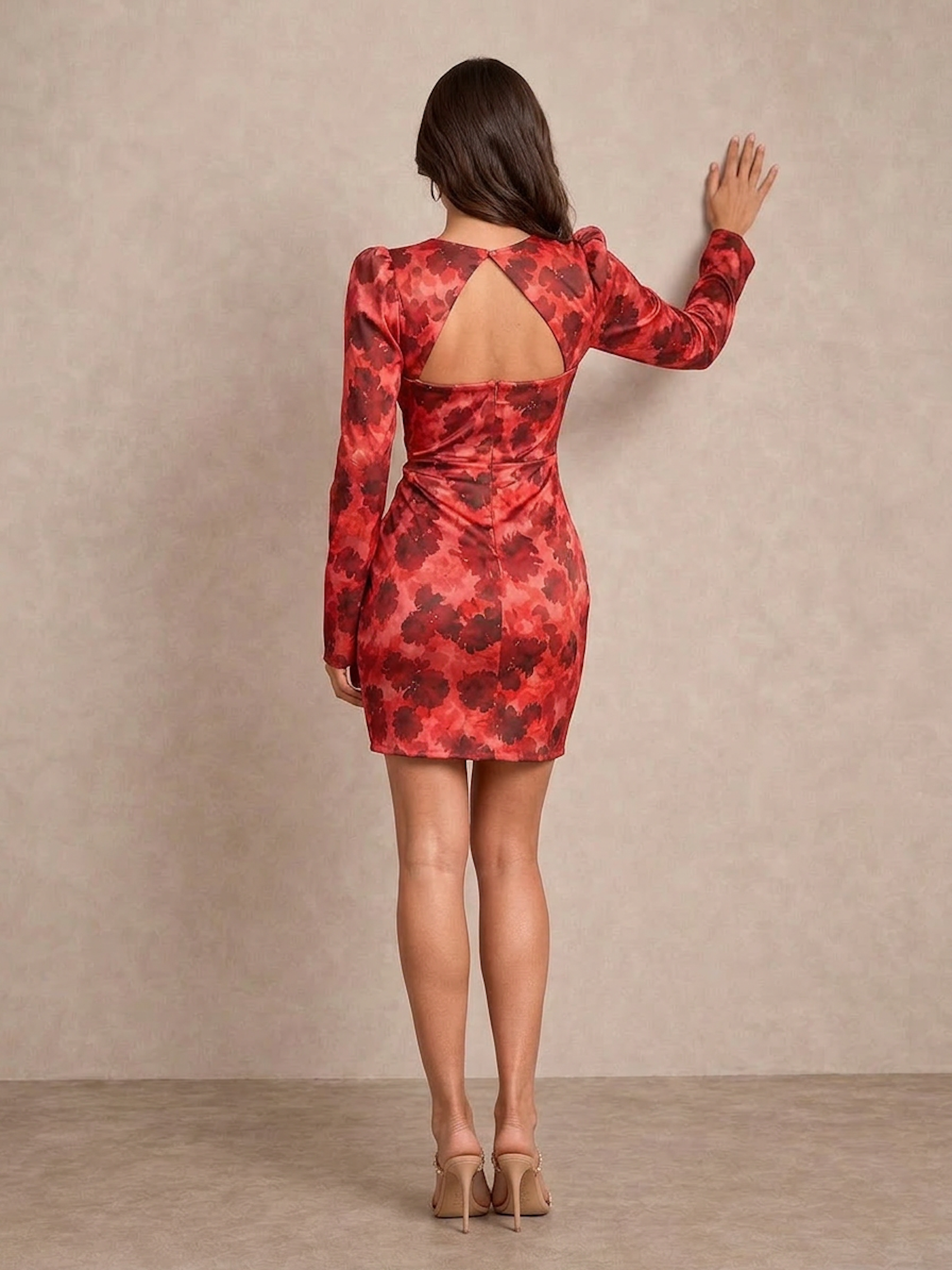 Long Sleeve Corset Style Floral Mini Dress in Red