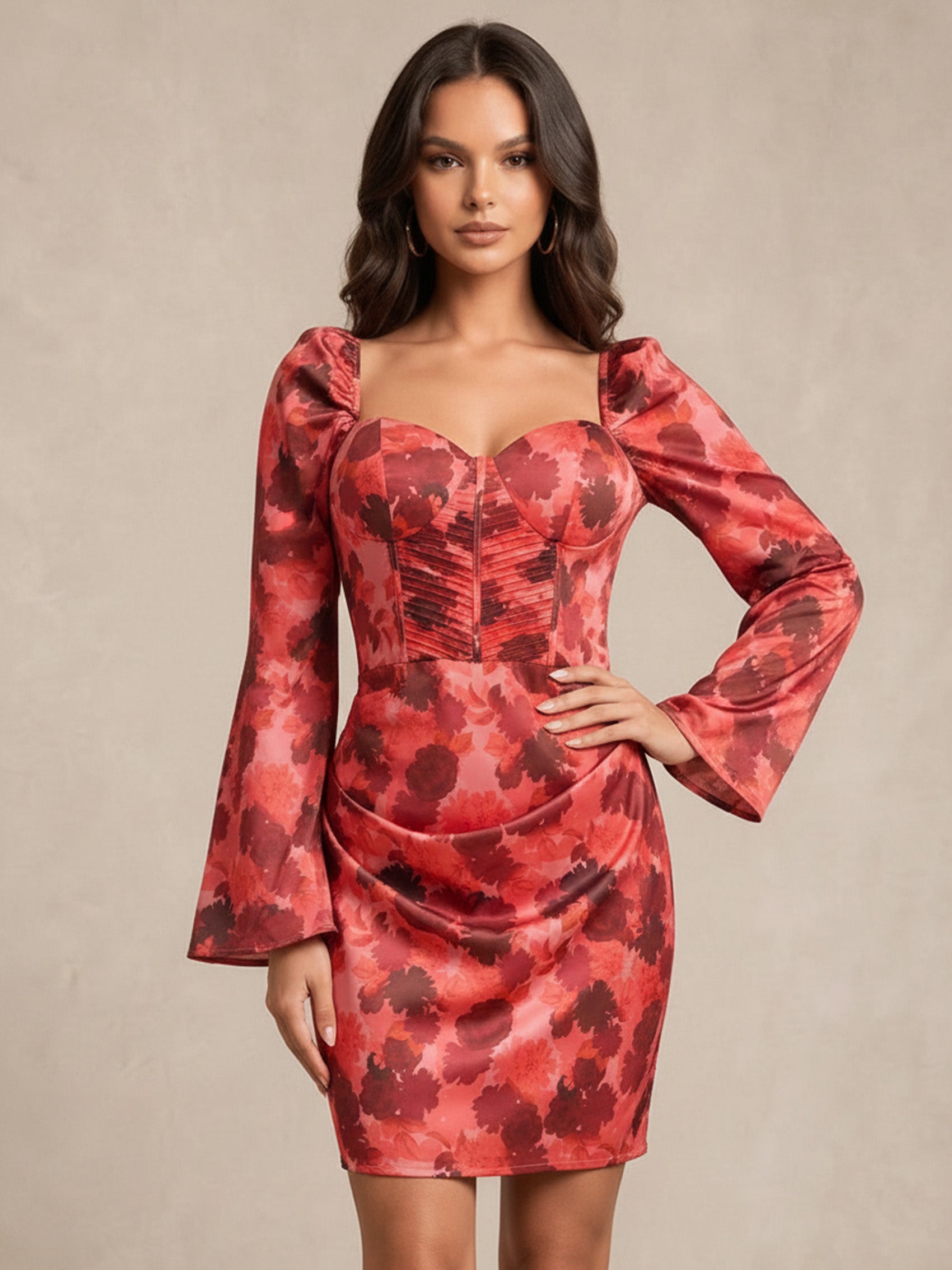 Long Sleeve Corset Style Floral Mini Dress in Red