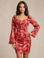 Long Sleeve Corset Style Floral Mini Dress in Red