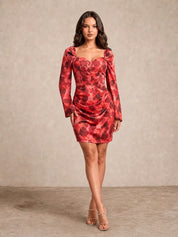 Long Sleeve Corset Style Floral Mini Dress in Red