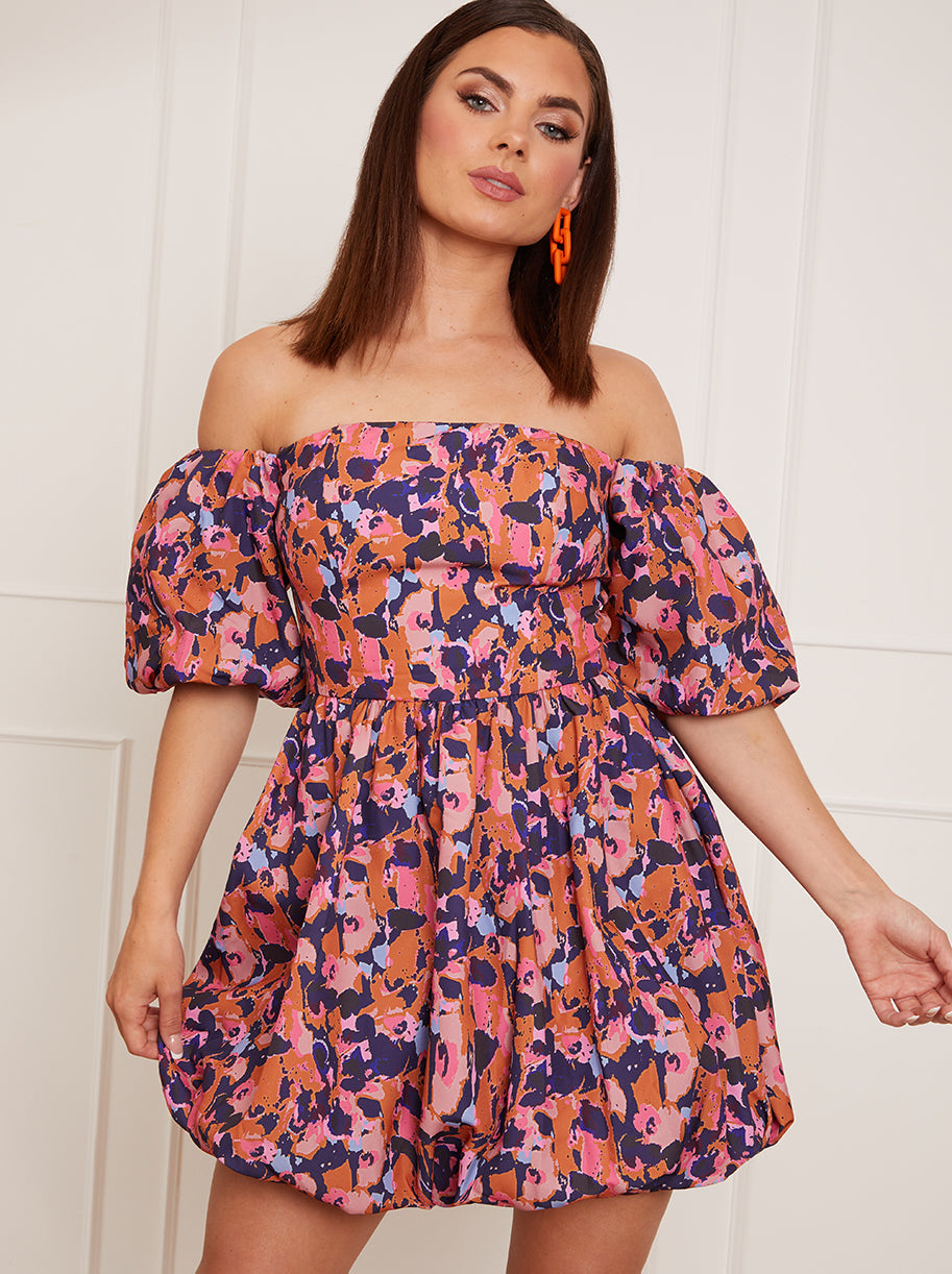Petite Bardot Style Abstract Print Puff Ball Mini Dress in Blue