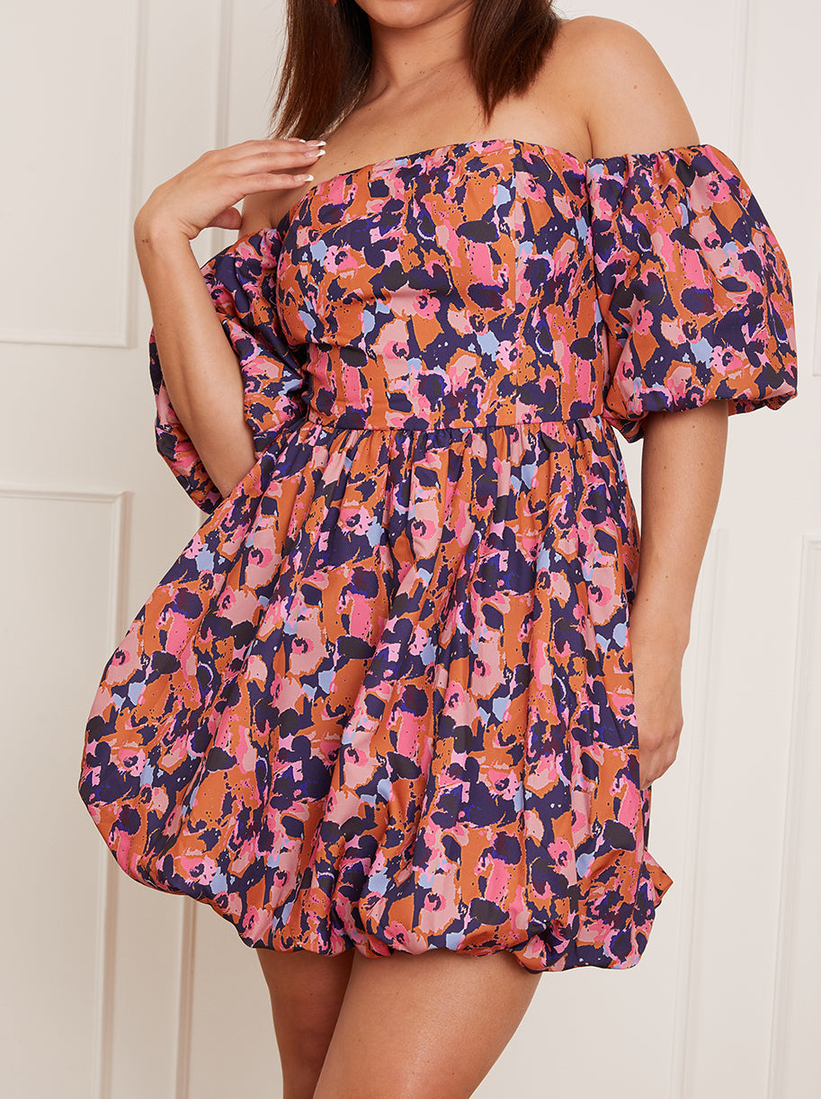 Petite Bardot Style Abstract Print Puff Ball Mini Dress in Blue