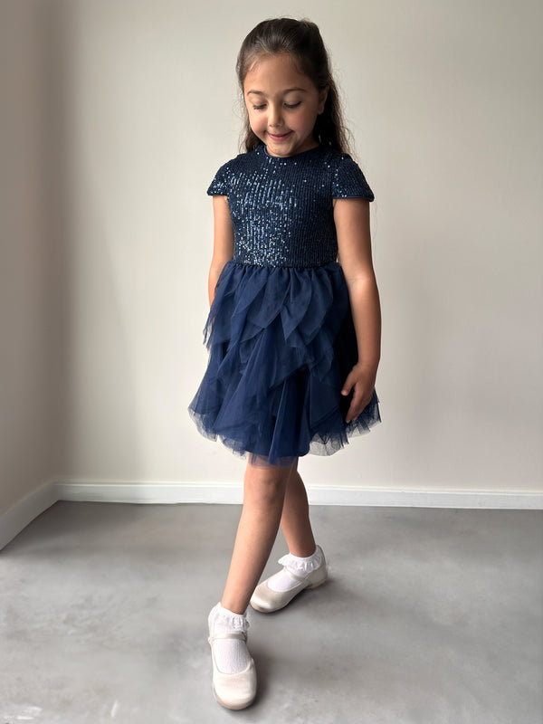 Younger Girls Sequin Tulle Midi Dress in Navy
