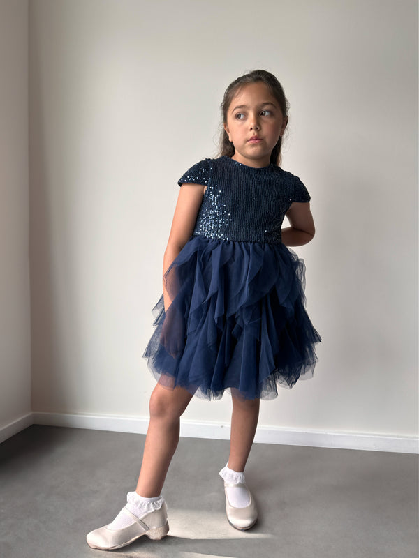 Younger Girls Sequin Tulle Midi Dress in Navy