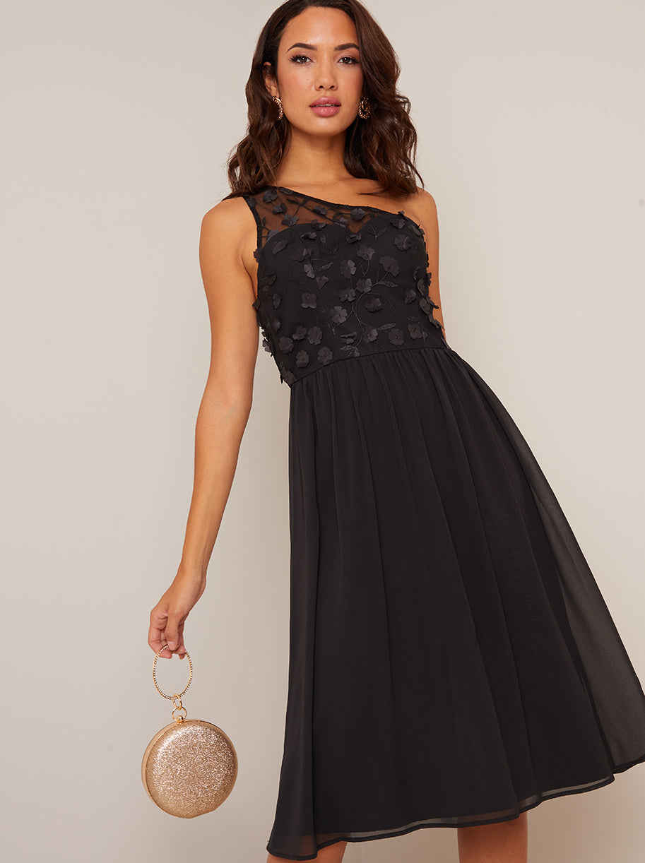 One Shoulder 3D Lace Midi Dress in Black