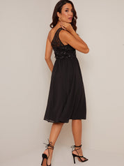 One Shoulder 3D Lace Midi Dress in Black