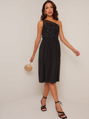 One Shoulder 3D Lace Midi Dress in Black