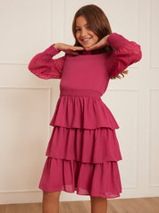 Older Girls Long Sleeve Tiered Midi Dress in Pink
