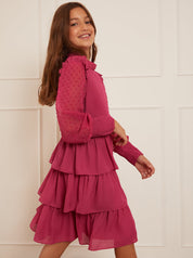 Older Girls Long Sleeve Tiered Midi Dress in Pink