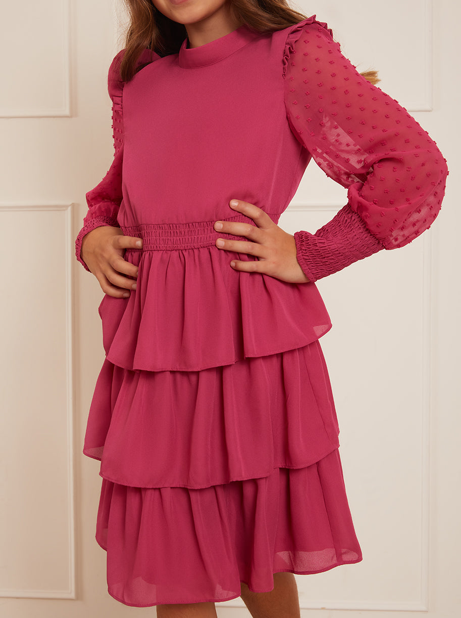 Older Girls Long Sleeve Tiered Midi Dress in Pink