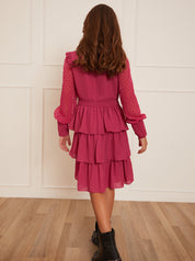 Older Girls Long Sleeve Tiered Midi Dress in Pink