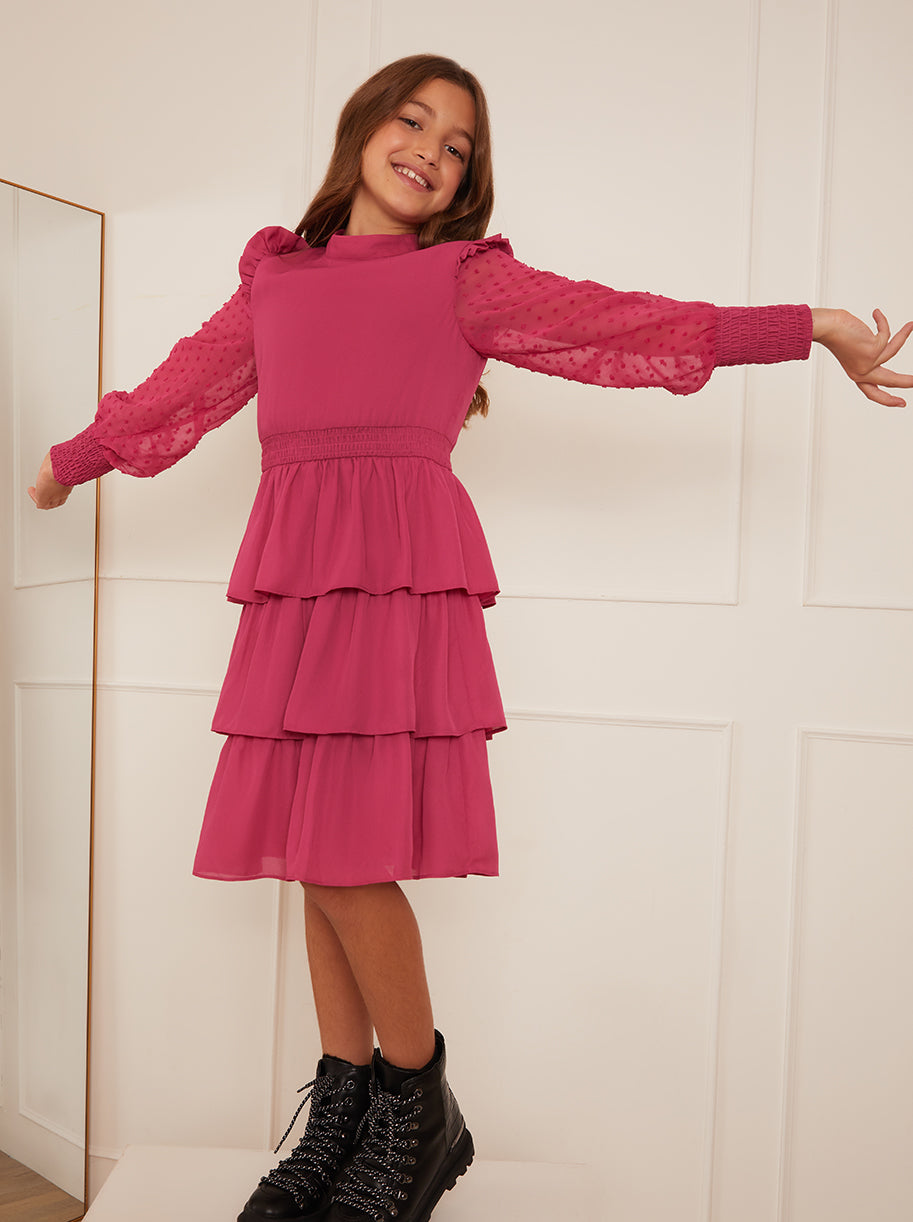 Older Girls Long Sleeve Tiered Midi Dress in Pink