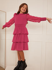 Older Girls Long Sleeve Tiered Midi Dress in Pink