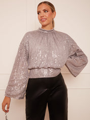 Long Sleeve Sequin Top in Grey