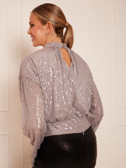Long Sleeve Sequin Top in Grey