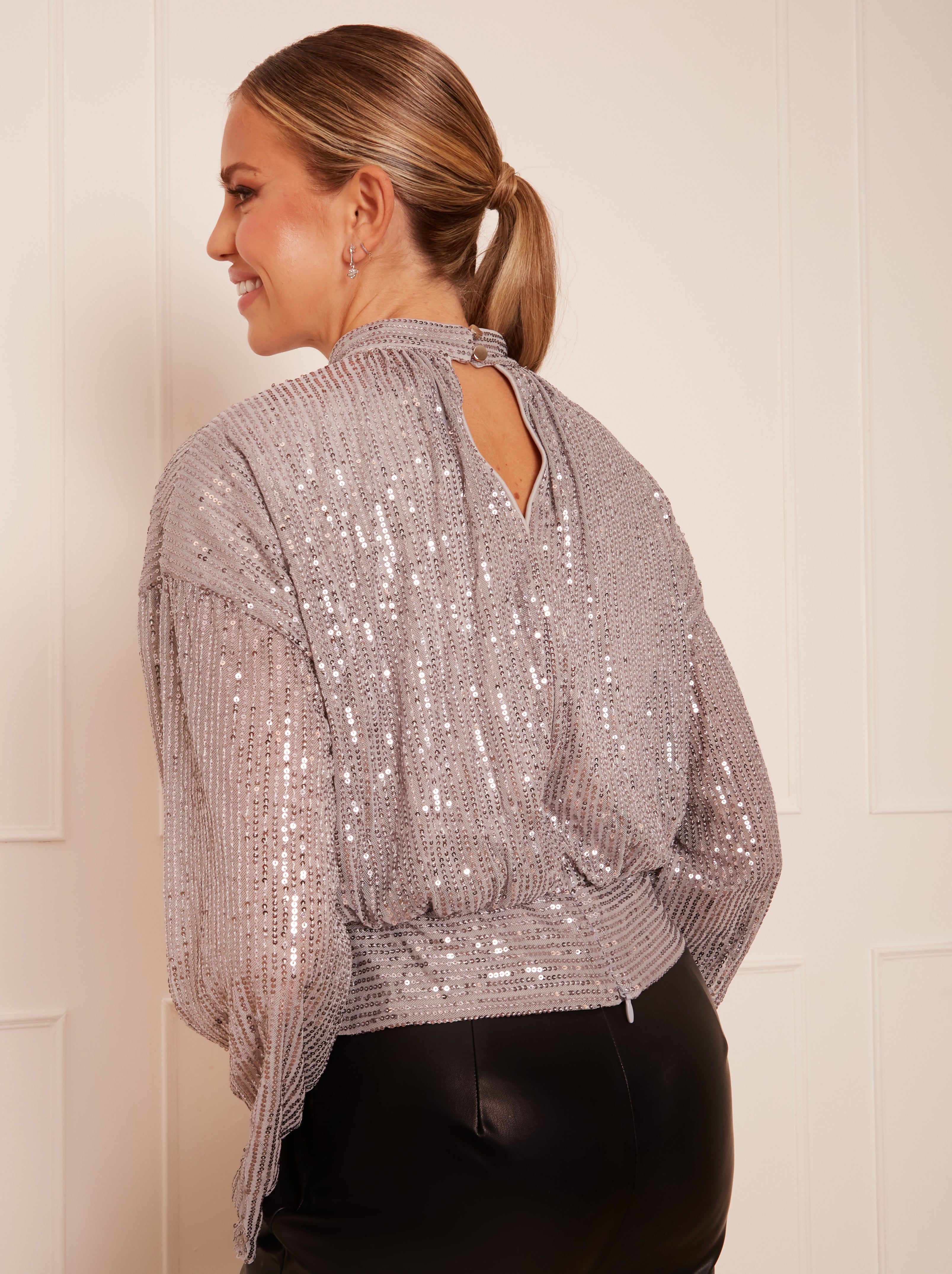 Long Sleeve Sequin Top in Grey