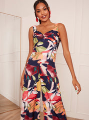 Front Knot Detail Floral Print Jumpsuit in Navy