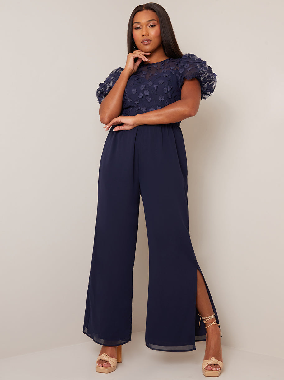 Flutter Sleeve Lace Wide Leg Jumpsuit in Navy