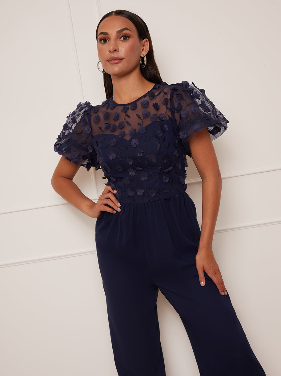 Petite Flutter Sleeve Lace Wide Leg Jumpsuit in Navy