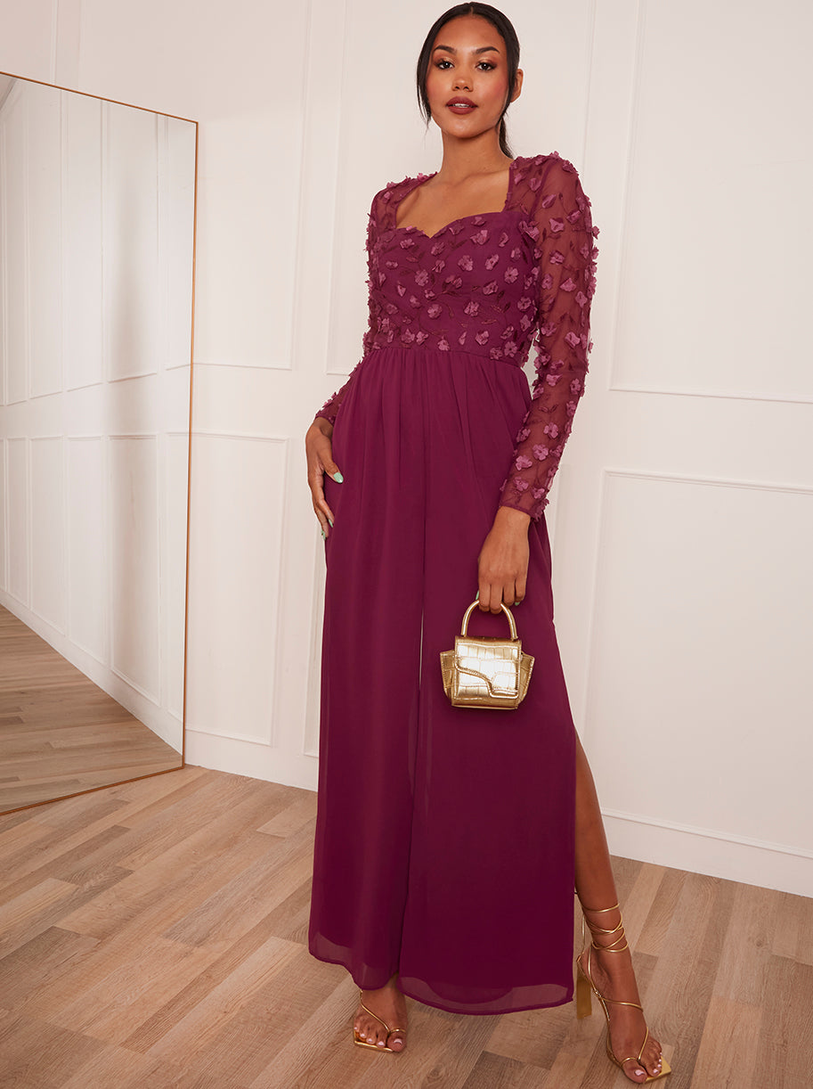Long Sleeve Lace Wide Leg Jumpsuit in Burgundy