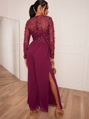 Long Sleeve Lace Wide Leg Jumpsuit in Burgundy