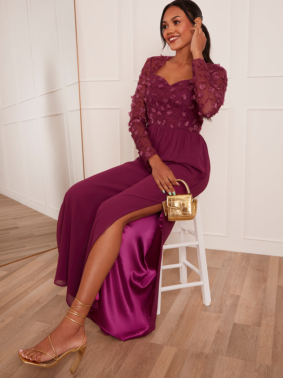 Long Sleeve Lace Wide Leg Jumpsuit in Burgundy