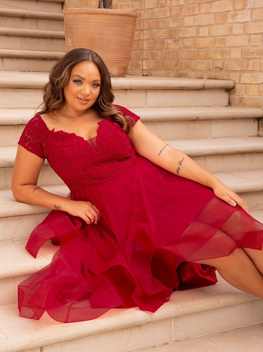 Plus Size Bardot Premium Lace Dip Hem Dress in Red | Chi Chi London UK Plus Size Bardot Premium Lace Dip Hem Dress in Red | Chi Chi London UK