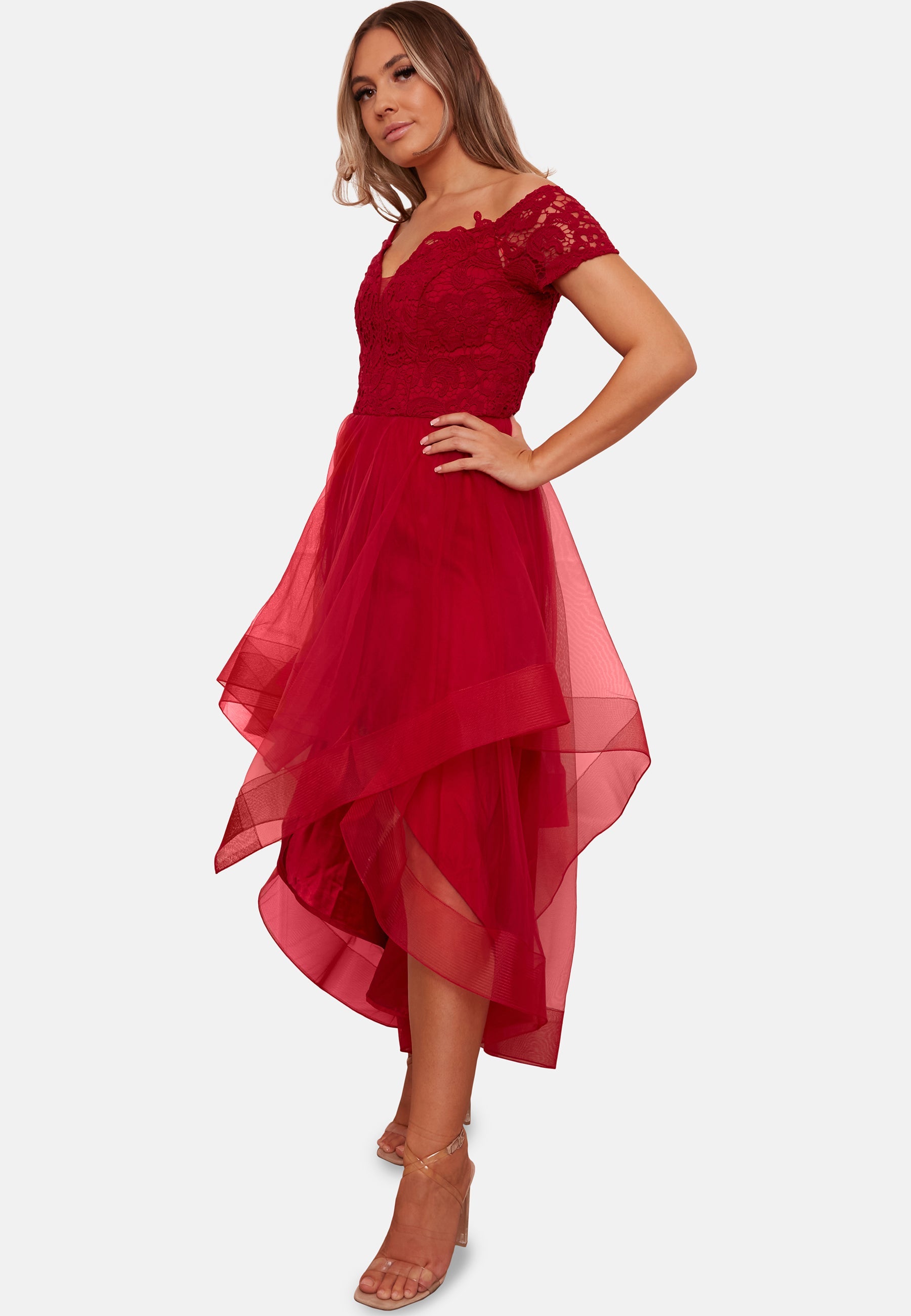 red dip hem dress Lace Bardot Cocktail Dresses Uk Maxi Dress Bardot Red Lace Dress Bardot Premium Lace Dip Hem