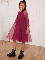 Older Girls Pleated Bell Sleeve Midi Dress in Purple
