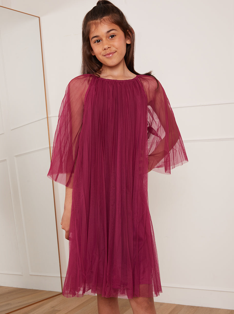 Older Girls Pleated Bell Sleeve Midi Dress in Purple