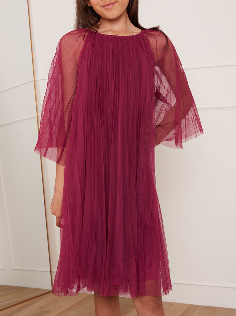 Older Girls Pleated Bell Sleeve Midi Dress in Purple
