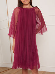 Older Girls Pleated Bell Sleeve Midi Dress in Purple