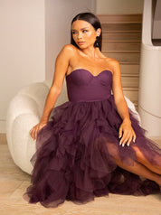 Bandeau Tulle Dip Hem Dress in Purple