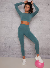 Long Sleeved Cropped Sports Top in Green