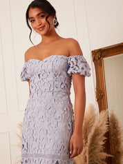 Puff Sleeve Off Shoulder Crochet Bodycon Dress in Blue
