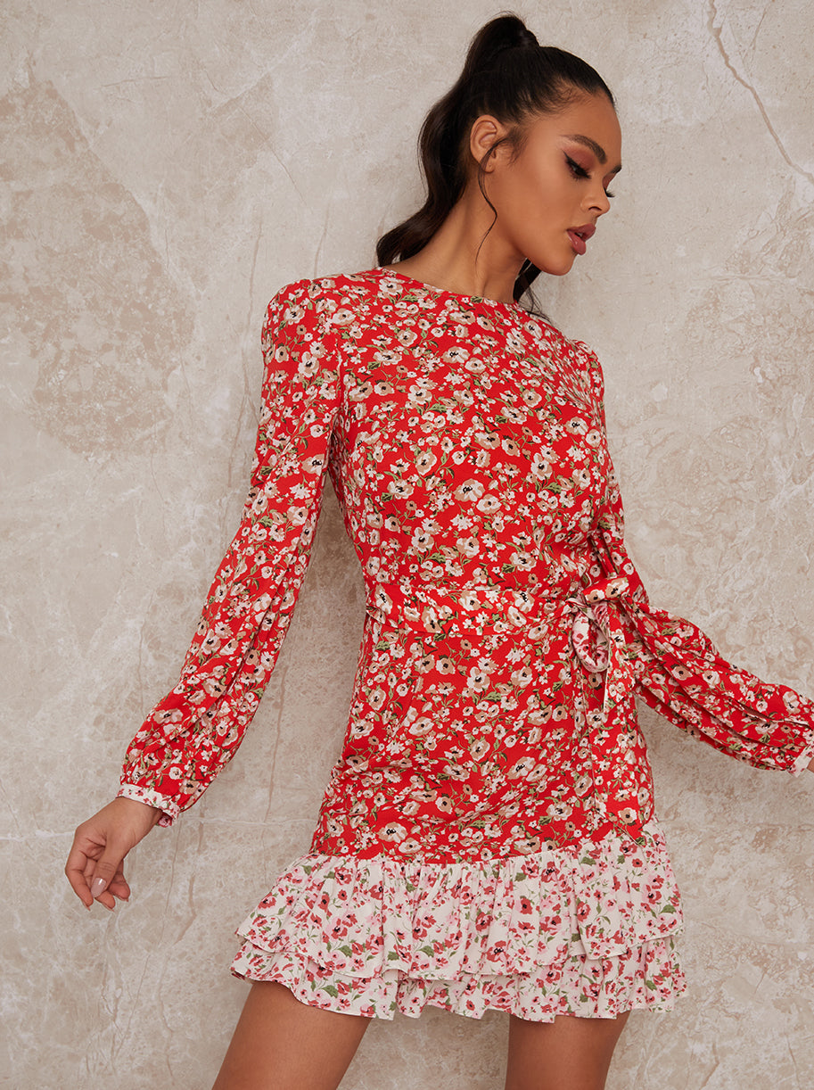 Long Sleeve Floral Mini Dress with High Neckline in Red