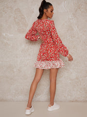 Long Sleeve Floral Mini Dress with High Neckline in Red