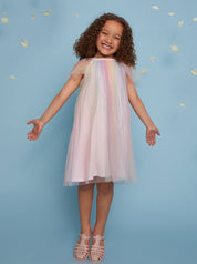 Girls Short Sleeve Rainbow Tulle Midi Dress in Multicolour