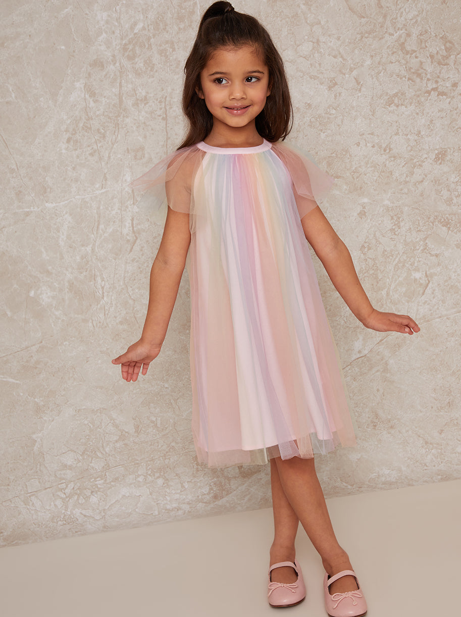 Girls Short Sleeve Rainbow Tulle Midi Dress in Multicolour