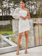 One Shoulder Balloon Sleeve Bodycon Dress in White
