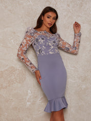 Peplum Embroidered Lace Bodycon Midi Dress in Blue