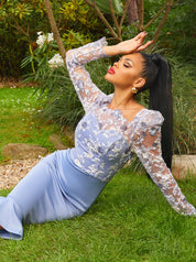 Peplum Embroidered Lace Bodycon Midi Dress in Blue