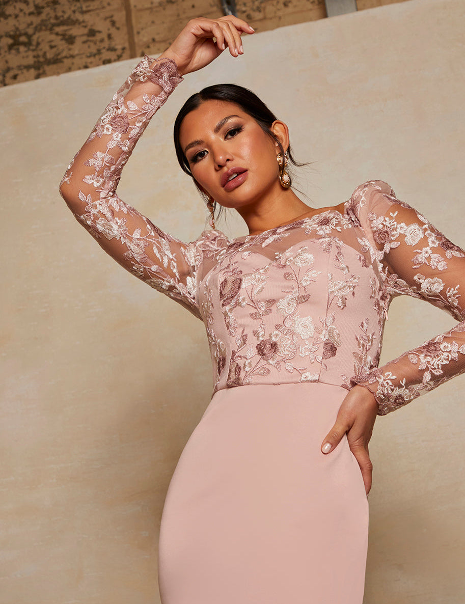 Peplum Embroidered Lace Bodycon Dress in Pink
