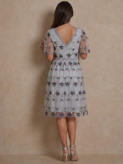V Neck Floral Embroidered Lace Midi Dress in Blue