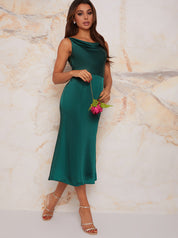 Cowl Neck Satin Slip Midi Dress in Green