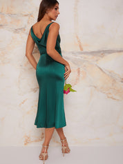 Cowl Neck Satin Slip Midi Dress in Green