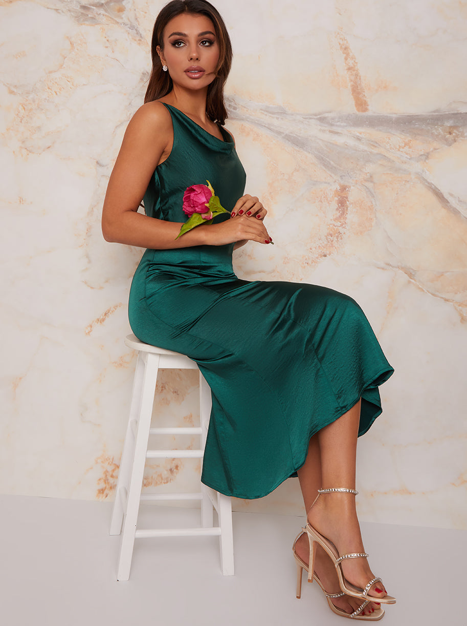 Cowl Neck Satin Slip Midi Dress in Green