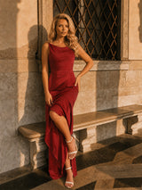 Cowl Neck Satin Slip Maxi Dress in Orange